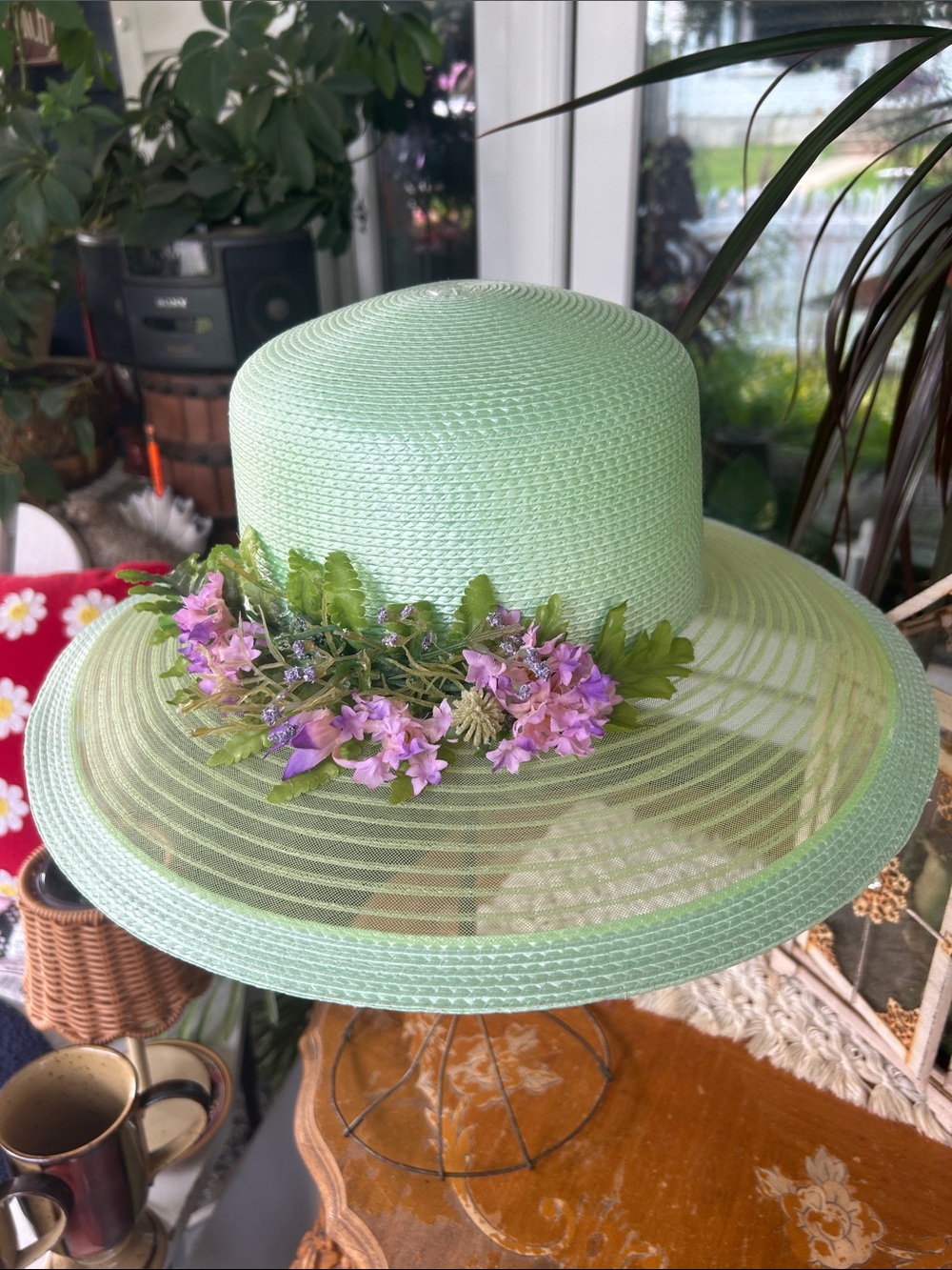 Vintage Wide Brim Mint Floral Derby Hat - Picture 2 of 6
